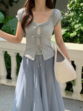 Grey Lace Bow Puff Sleeve Top