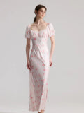 Light pink floral puff sleeve square neck dress