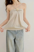 Beige Linen Camisole with Flower Detail